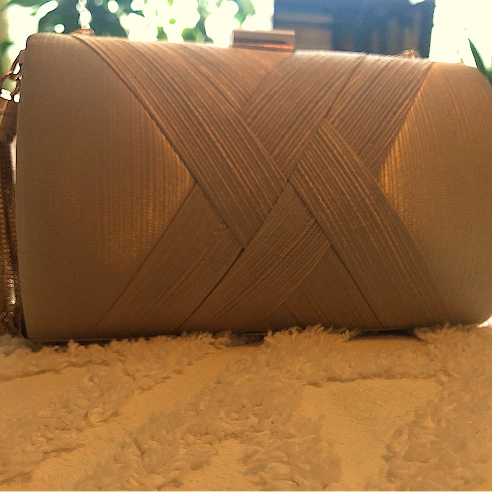 Clutch purse. Champagne color with gold accents.